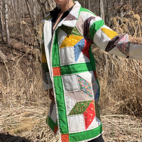 Handmade Star Patchwork Quilt Coat in Bright Green Trim - Picture 9 of 9